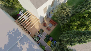 aménagement et conception par un architecte paysagiste d'un petit jardin de bord de mer à Trégunc comprenant une terrasse bois, un coin salon, une pergola, un coin repas et des gradines 