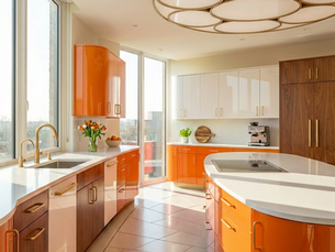 mid-century modern kitchen with curved orange cabinets, walnut accents, and white countertops inspired by retro modern design