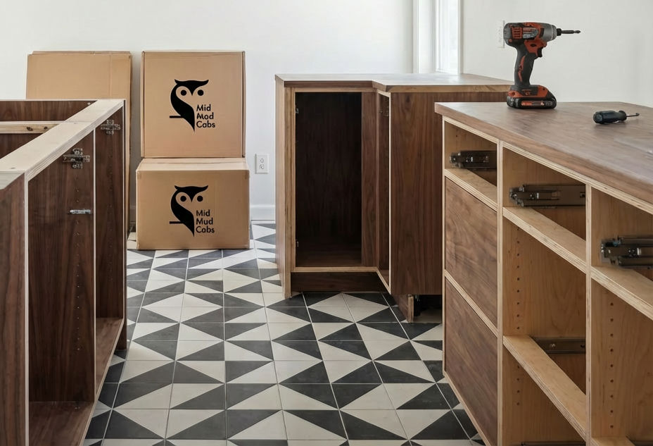 Easy assembly mid-century modern cabinet system with precision fit components