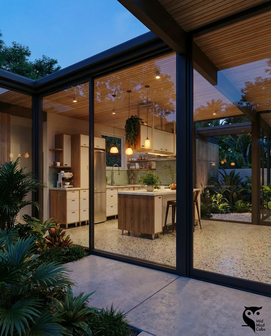 Mid-century modern wood kitchen cabinets by MidModCabs in an architectural home