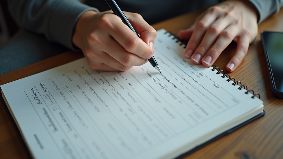 High angle view of a person writing a fitness plan in a notebook
