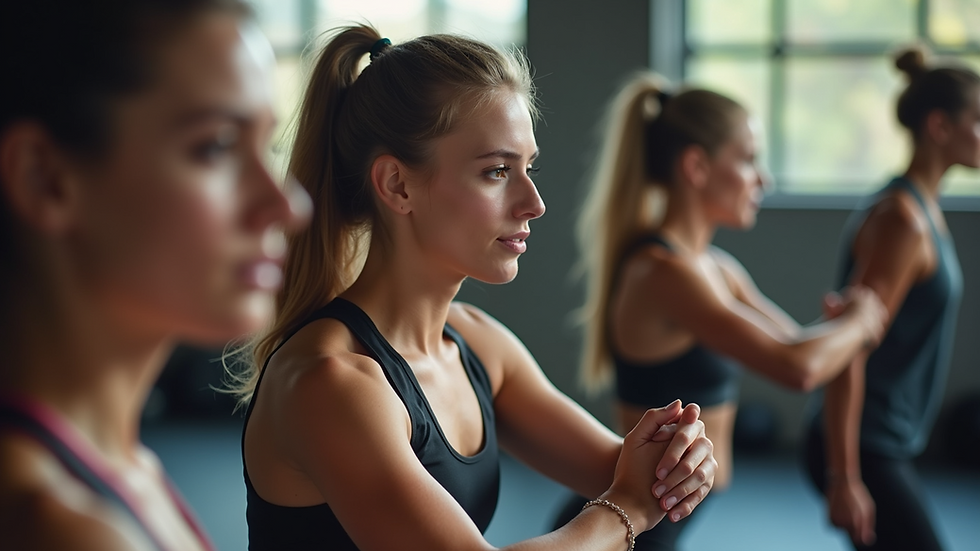 Close-up view of a fitness group enjoying a workout session