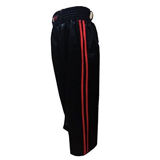 Kids Kickboxing Trouser Training Pants Black 2 Red Stripes Satin