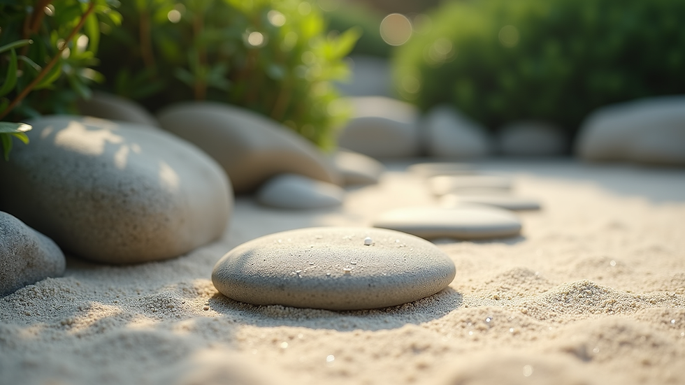 Close-up view of a serene zen garden with raked sand and stones
