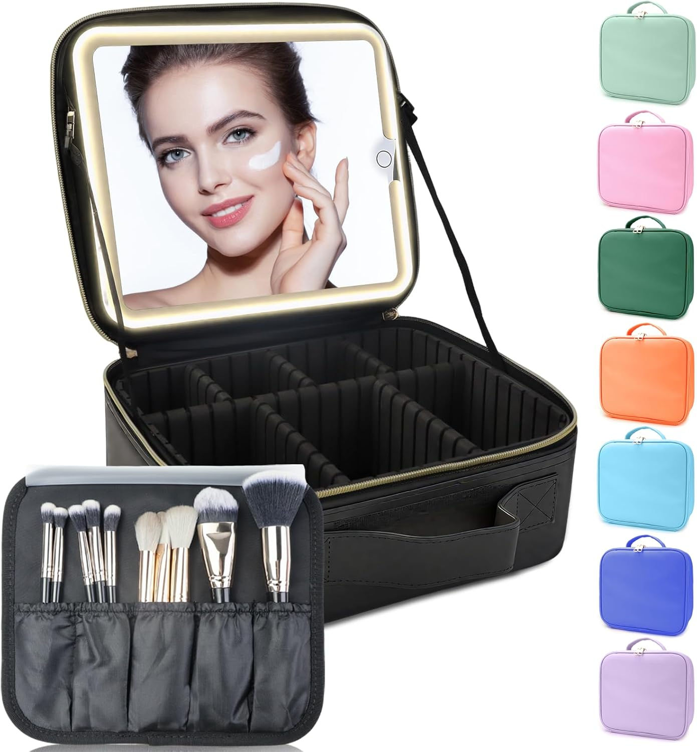 SUILU Bolsa de Maquillaje con Espejo LED Impermeable Negro