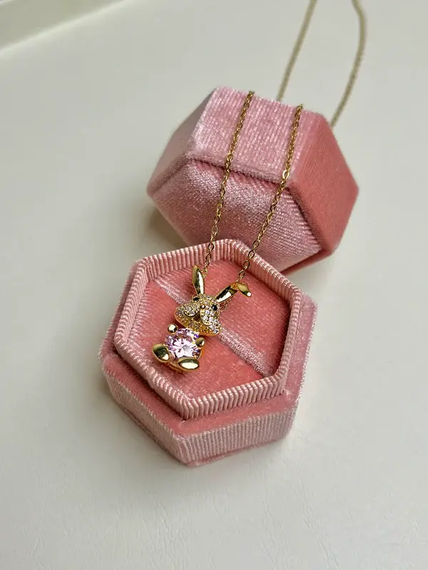 Thumbnail: Luxurious Zircon Pink Rabbit Necklace