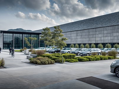 2024-07-08 17-07-40 - Modern industrial style exterior building, with trees, concrete pave