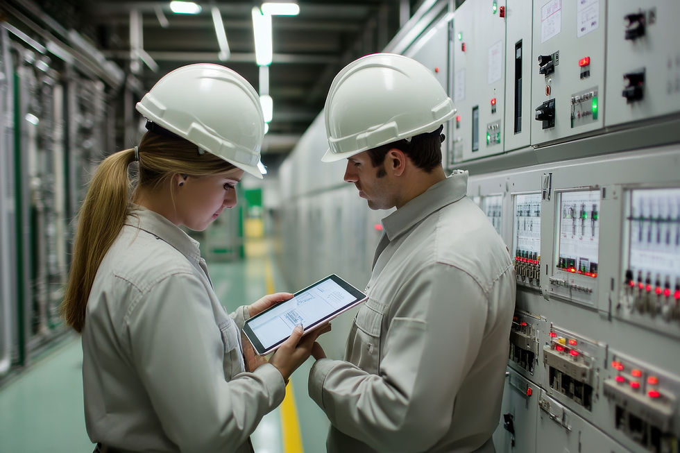 A female engineer and a male engineer reviewing data on an ipad mobile device standing in a facility infront of an electrical panel