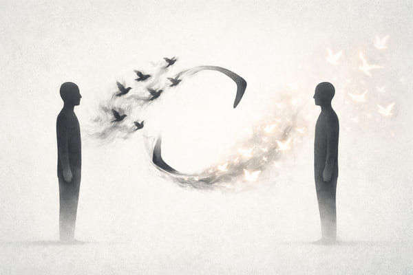 Boomerang de pensées illustrant le vol des oiseaux blancs et noirs.