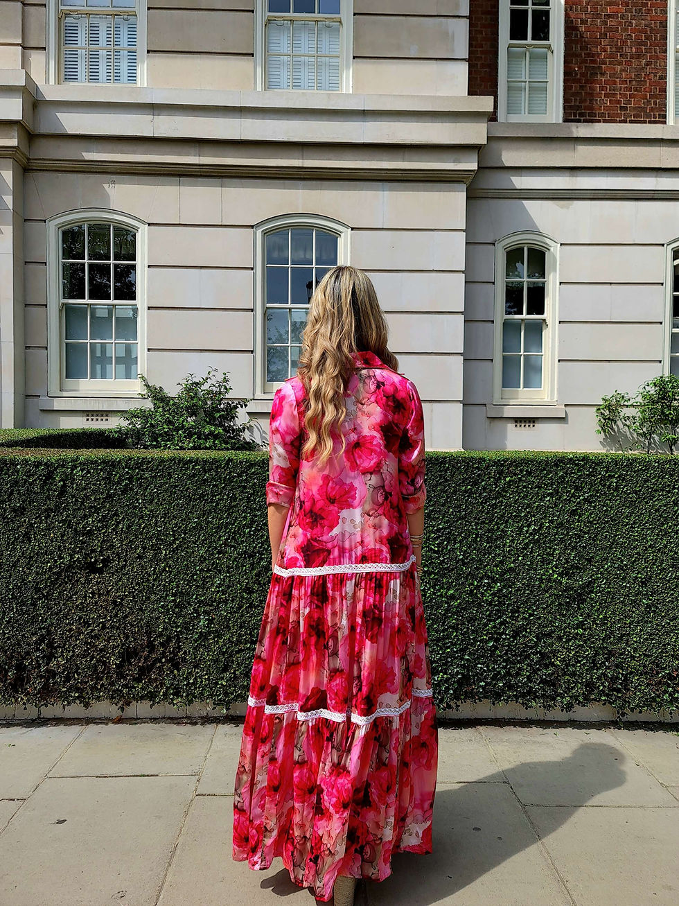 Thumbnail: Printed pink long dress, back view