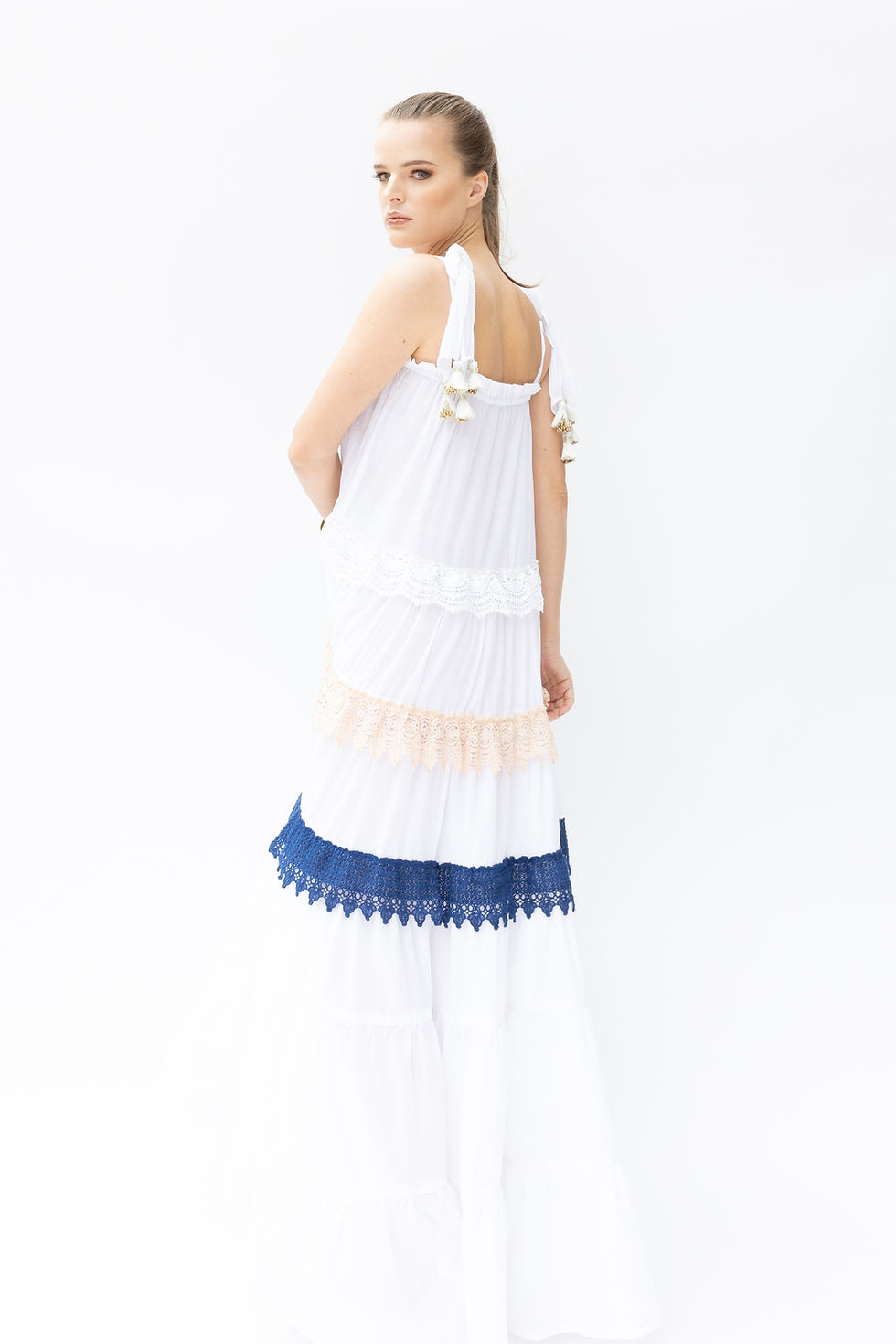 Thumbnail: Women standing wearing Maxi Dress name ocean fairy. Side  view