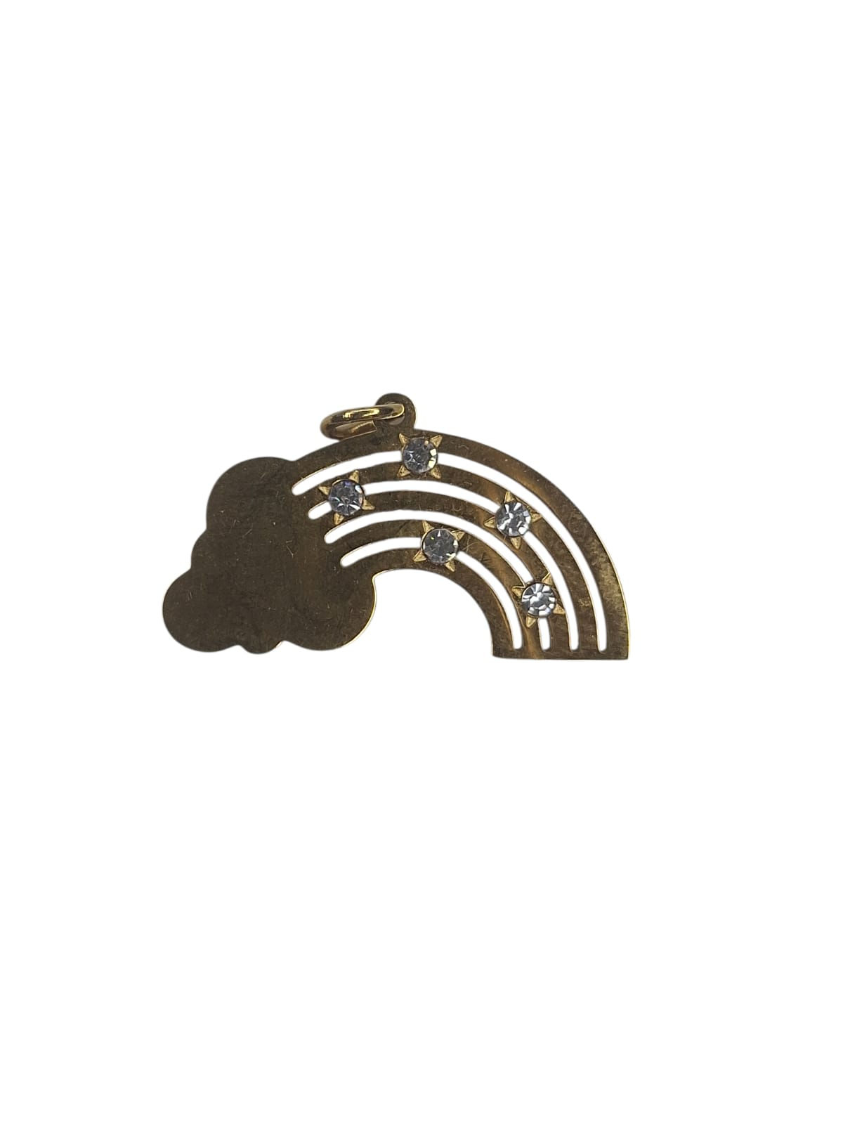 Golden rainbow-shaped brooch with cloud and sparkling embellishments on white background.