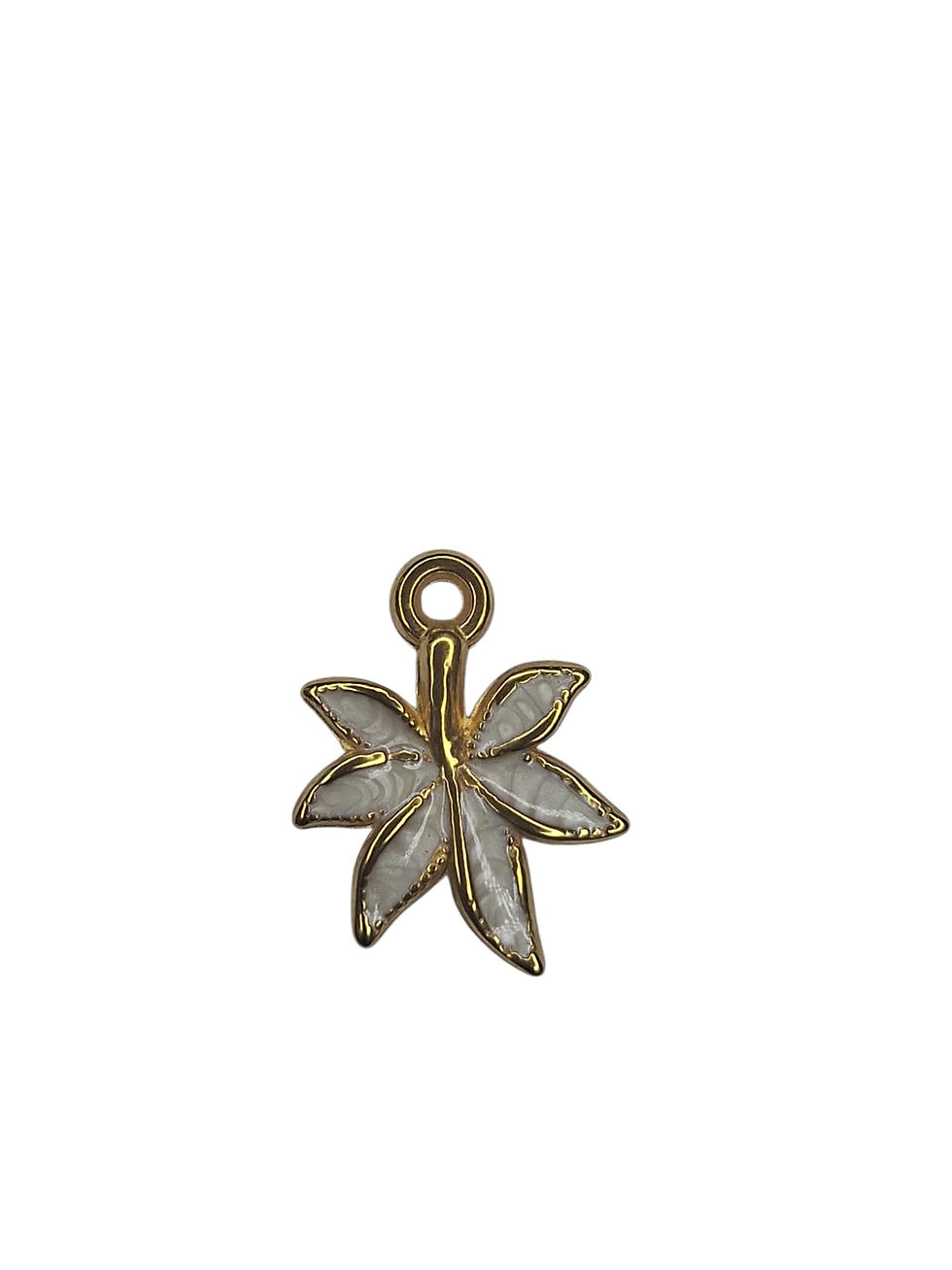 Small gold and white enamel stylized five-lobed leaf charm.