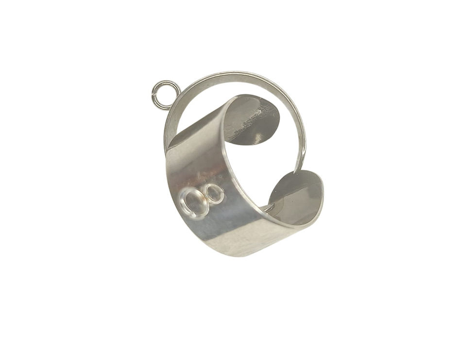 Thumbnail: Shiny silver curved charm, infinity symbol embossed, attachment loop visible.