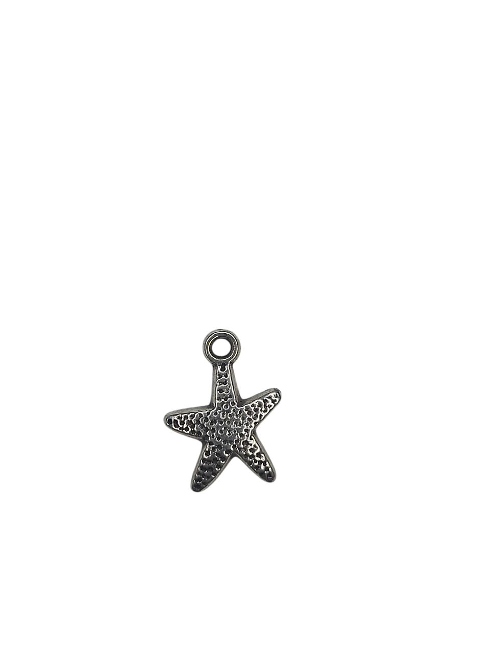 Small, textured metallic starfish charm with an attachment loop.