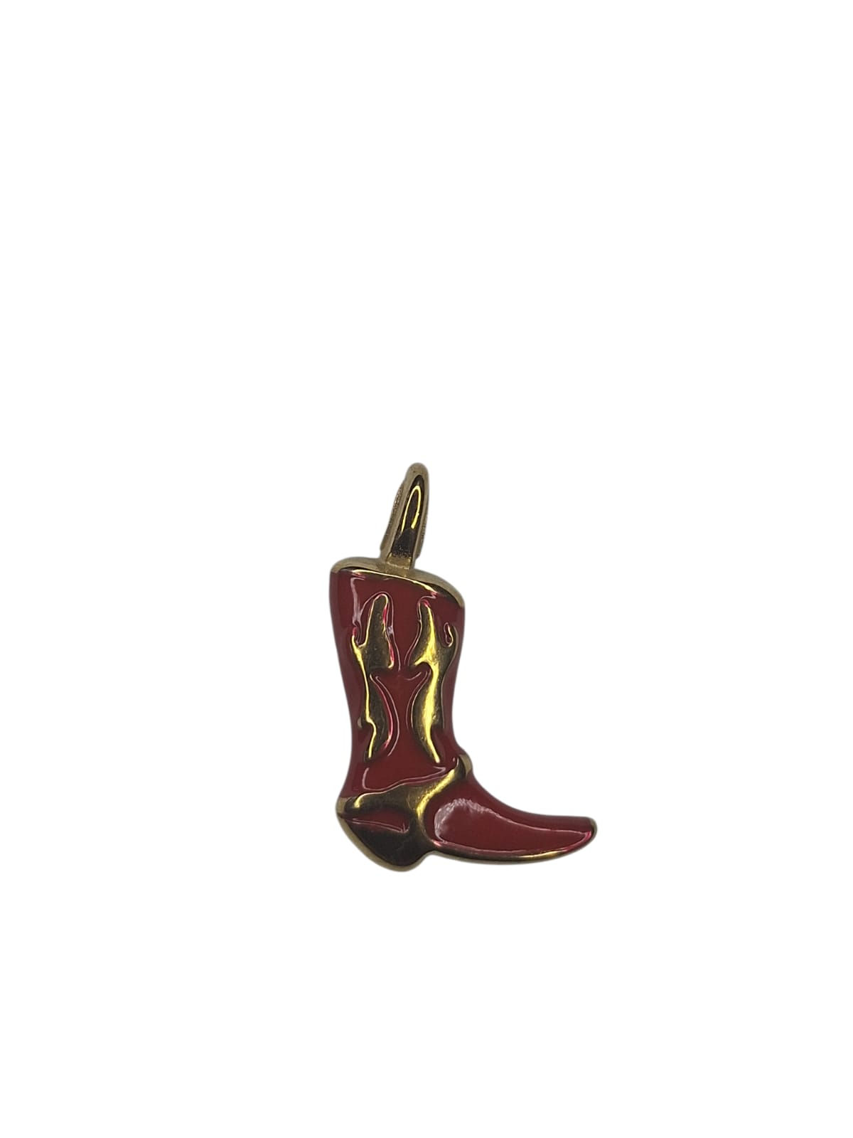 Small red cowboy boot charm with gold accents.