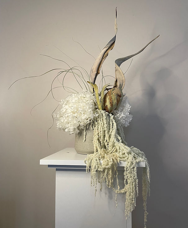 Neutral home decor, preserved flower arrangement