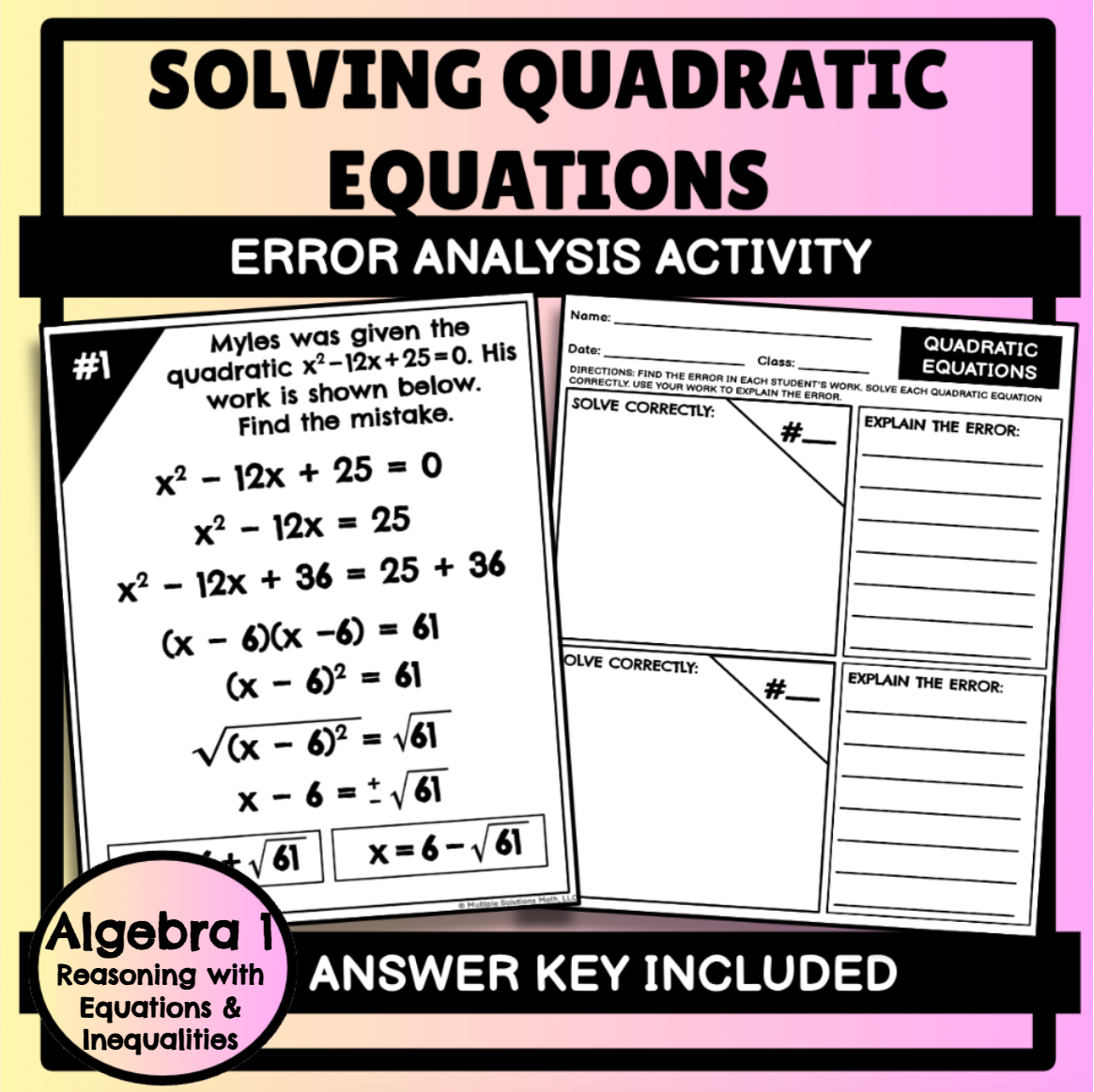 Solving Quadratic Equations Error Analysis Activity
