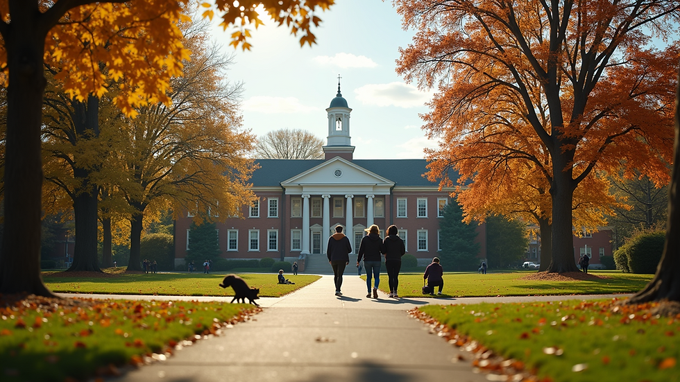 Wide angle view of a college campus with students engaged in various activities