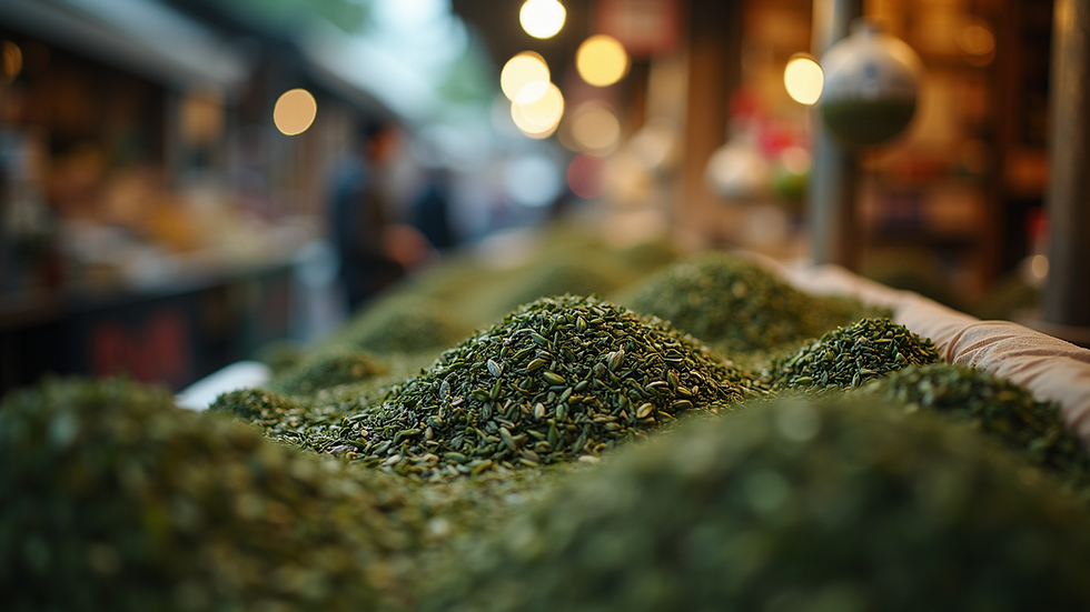 Eye-level view of tea leaves in an Asian market