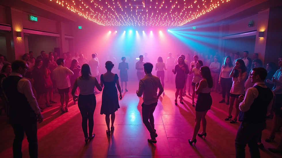 High angle view of a wedding dance floor with colorful lights and guests dancing