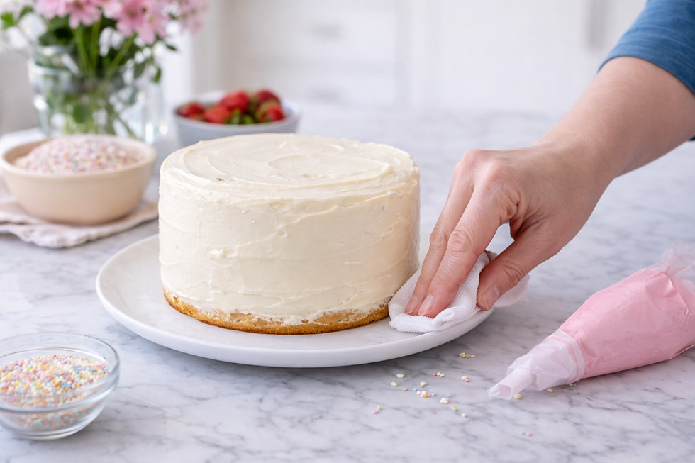 Freshly frosted cake on a serving plate while a hand cleans the edges for a neat, professional finish.
