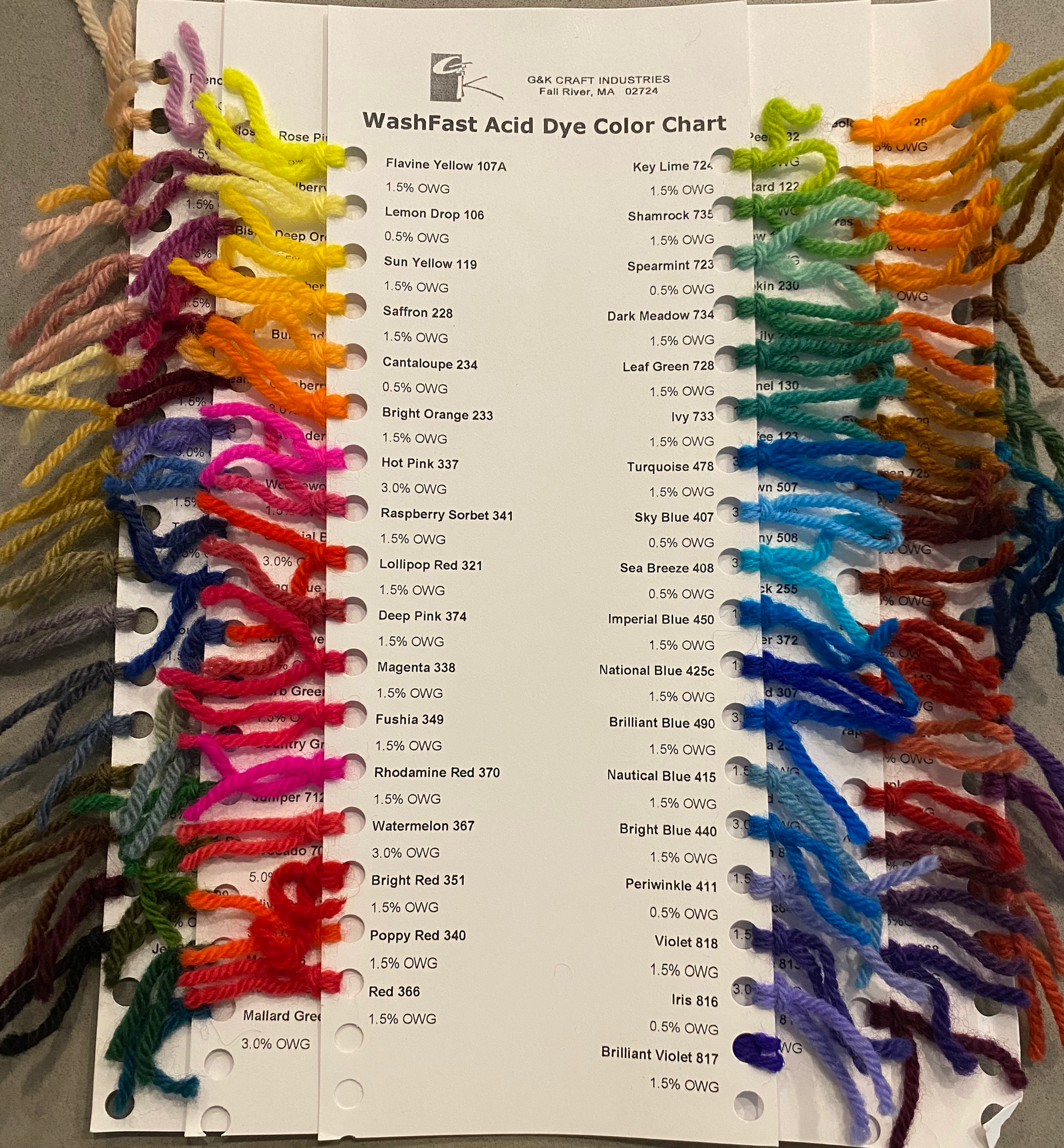 Pro Chem Washfast Acid Dye Color Chart