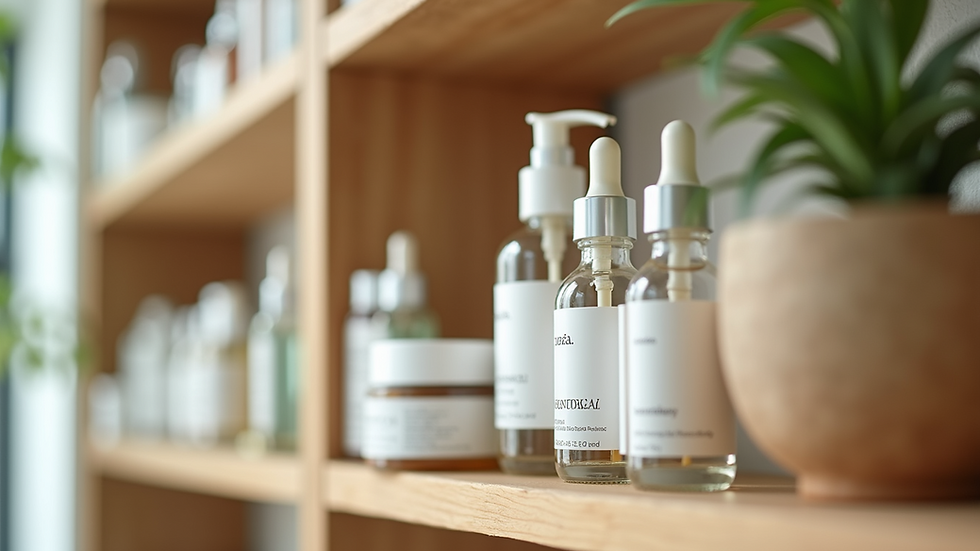 Eye-level view of a skincare shelf with bottles labeled with natural ingredients