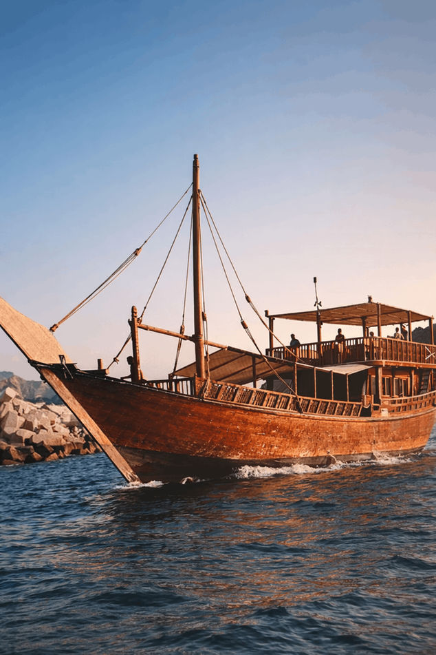 Traditional wooden dhow sailing along the Muscat coast during a twilight sunset cruise in Oman