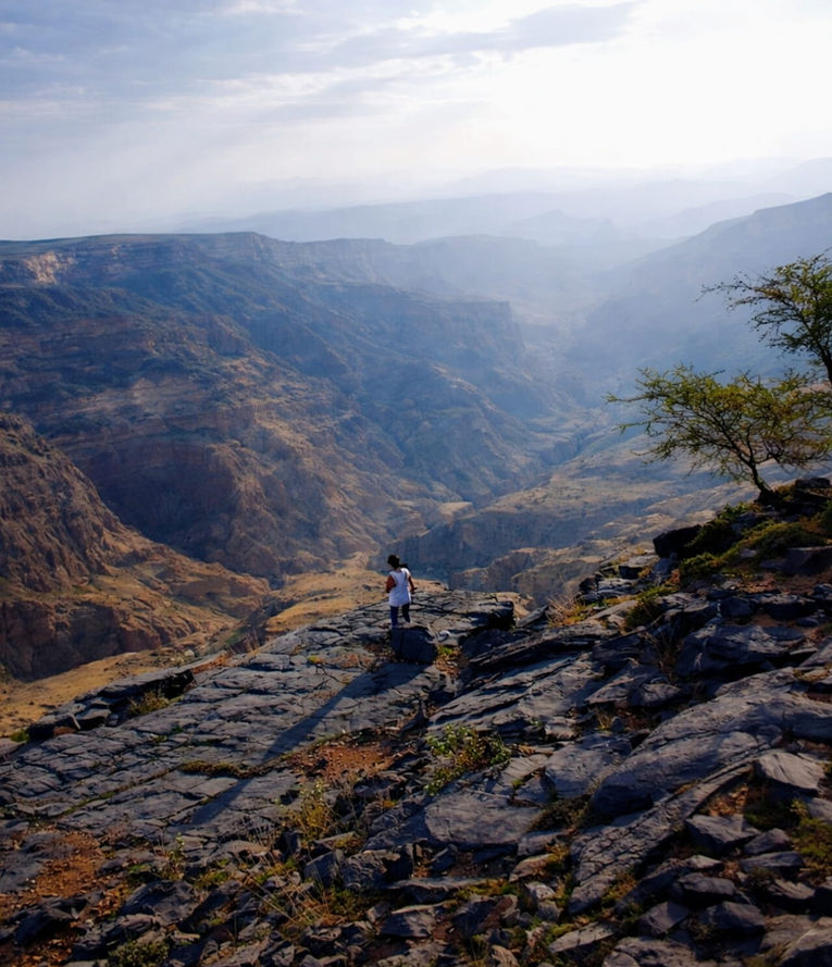 Mountain valley view from the Wadi Bani Habib to Wadi Qasha hiking route in Jabal Akhdar