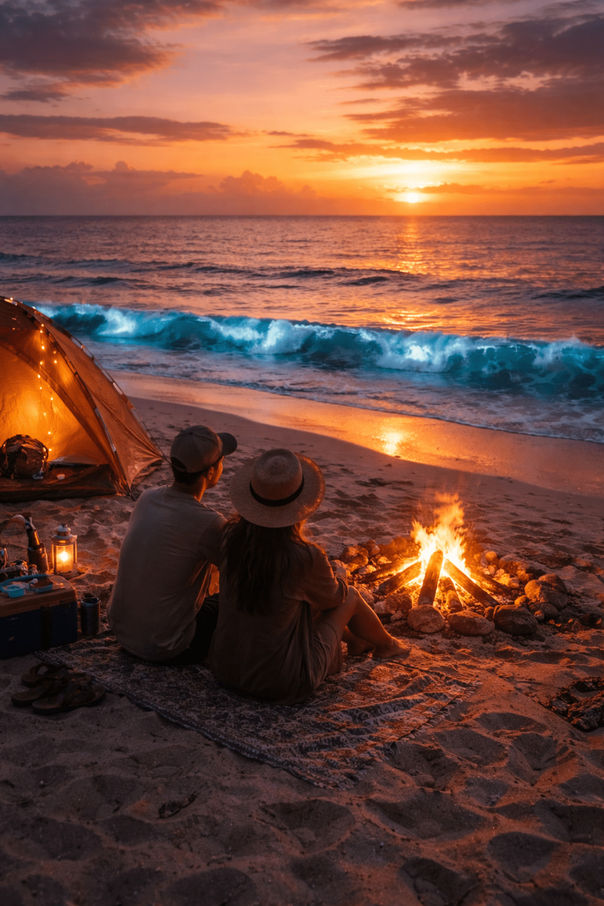 Beach campfire at sunset during overnight camping at Ras Al Hadd