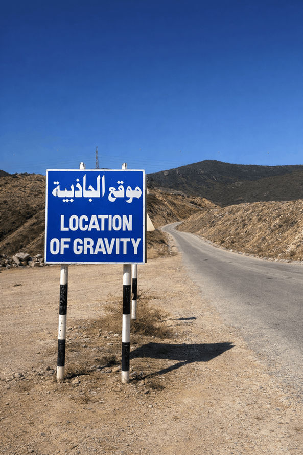 Location of Gravity sign on an Eastern Salalah tour near Taqah, Oman
