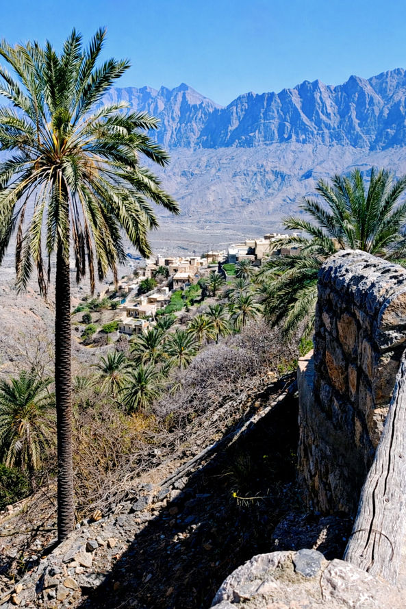 Traditional mountain village and terraced gardens in Wakan, Oman