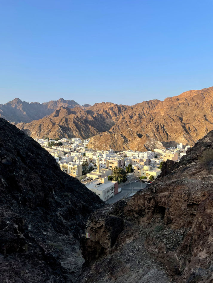 Mountain and coastal village view on the Sidab hiking route near Muscat, Oman