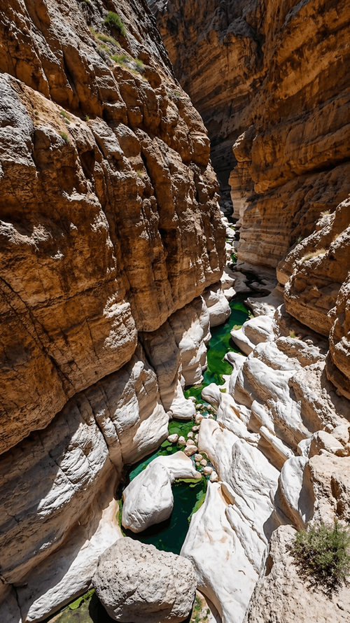 Layered canyon walls and turquoise pools on the Umq Beer to Wadi Mibam route in Oman