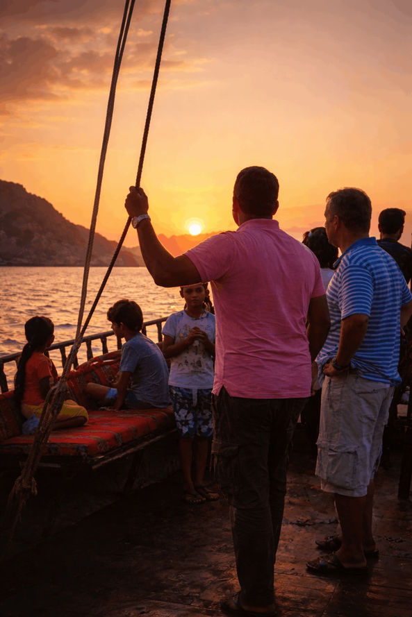 Travelers watching the sunset from a traditional dhow during a two-hour Muscat evening cruise