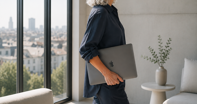 Birgit KErsting- angeschnitten, mit Laptop unterm Arm, in Büro. Aussicht auf Stadt