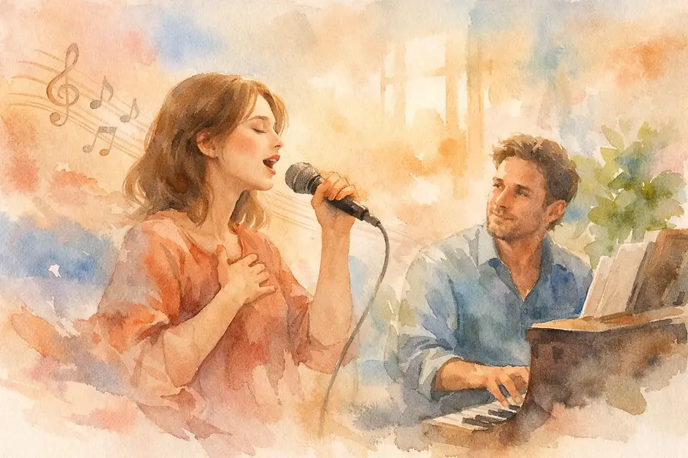 Watercolor of a woman passionately singing into a microphone and a man playing piano. Musical notes float in the colorful background.