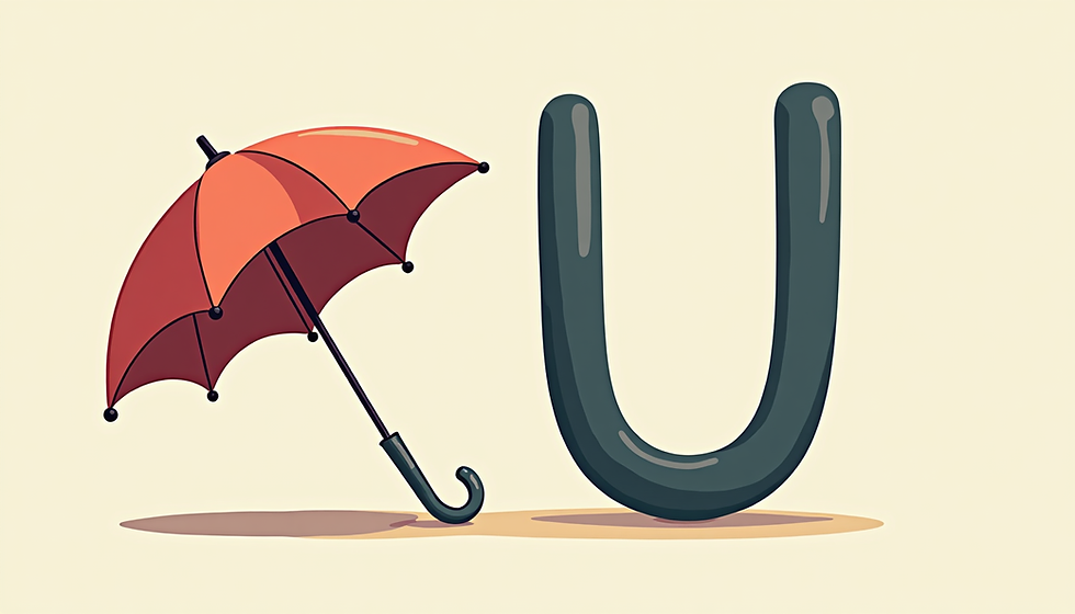 Red umbrella and large dark green letter "U" on a beige background, casting shadows. Minimalist and playful design.