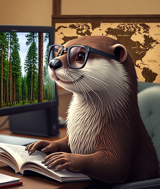 happy erudite otter viewing computer monitor with trees on it and reading books. map in background