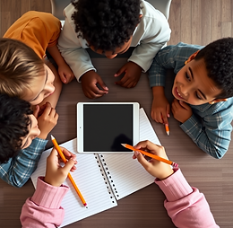happy multiracial children looking at an iPad and a notebook