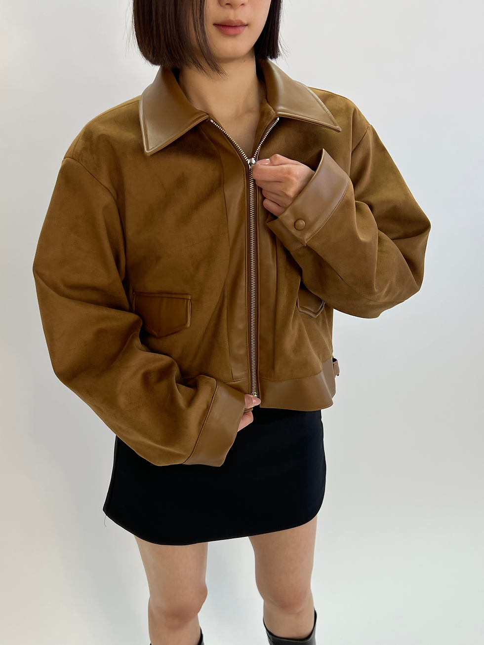 Thumbnail: Faux Suede Cropped Jacket in Brown