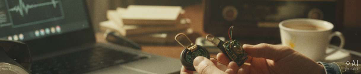 Hände halten zwei kleine elektronische Geräte vor einem Laptop; auf dem Tisch liegen Notizen und eine Kaffeetasse.