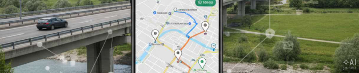 Smartphone mit Navigationskarte vor einer Straßenbrücke, einem Auto und weitläufiger grüner Landschaft.