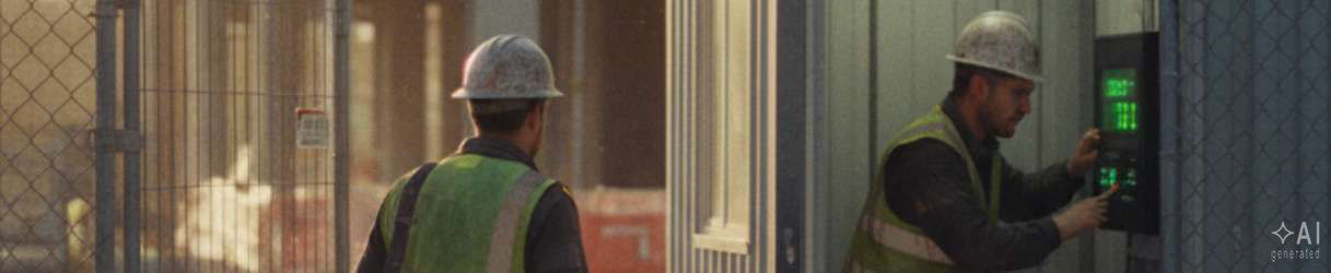 Zwei Bauarbeiter mit Schutzhelmen und Warnwesten auf einer Baustelle; einer betritt einen Container, während der andere seine