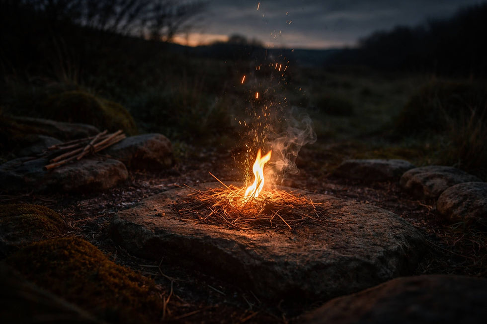 Newly lit flame on a stone surface in twilight Irish landscape, sparks rising into dark air, symbolising first action, decisive beginnings, and the ignition of movement within ancient Irish witchcraft practice.