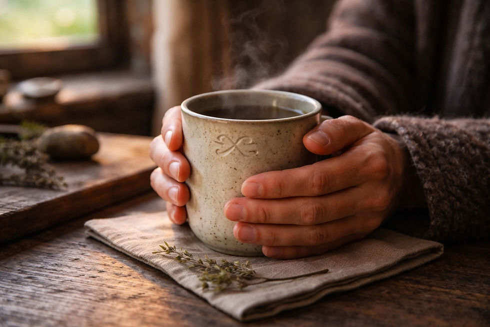 Hands holding a simple ceramic cup with a faint mark in a softly lit Irish cottage, symbolising repetition, intention, and the quiet shaping power of daily witchcraft practice rooted in lived tradition.