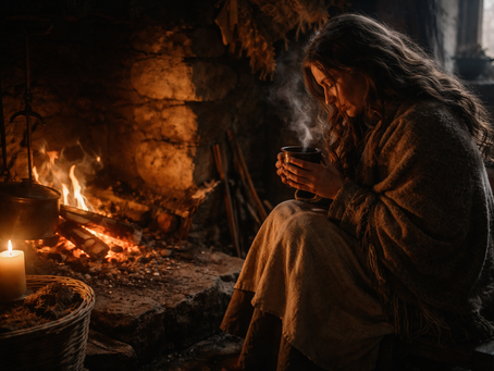 Irish winter hearth with witch warming hands around steaming cup, firelight and embers softening lingering weight, early January gentle release practice in The Ancient Irish Craft.