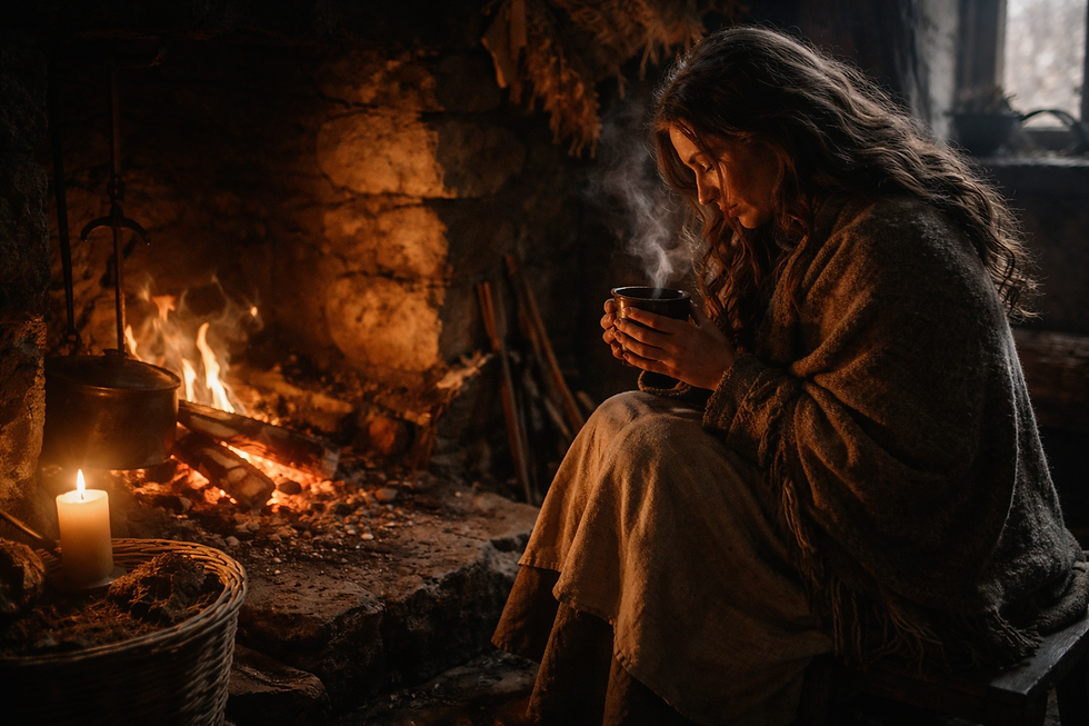 Irish winter hearth with witch warming hands around steaming cup, firelight and embers softening lingering weight, early January gentle release practice in The Ancient Irish Craft.