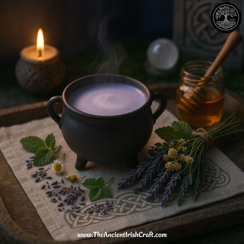 Steaming moonmilk in a black cauldron with lavender, chamomile, mint, honey jar, and candle on a Celtic cloth.
